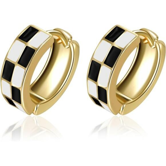 Small Hoop Earrings for Women Black White Checker Enamel Gold Silver Tone Gift - Picture 1 of 6